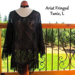 BLACK TUNIC, L, ARIAT w LONG FRINGE, SEMI-SHEER, COUNTRY WESTERN COWGIRL, NWOT
